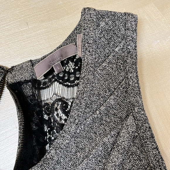 STRETTA size M ( marked L) gray bodycon dress with lace & faux leather detailing - Picture 5 of 7